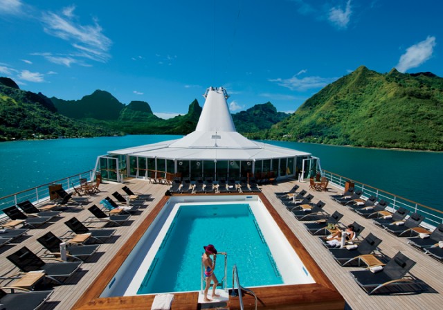 The spacious pool deck of the Paul Gauguin is perfect for soaking in the Tahitian sun.