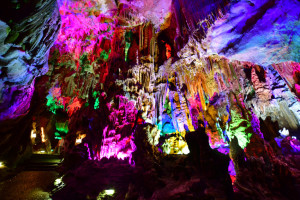 Colorful stalactites in Silver Cave,  Guilin, China