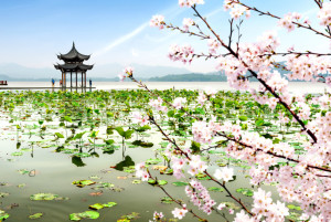 Chinese ancient pavilion on the West Lake in Hangzhou