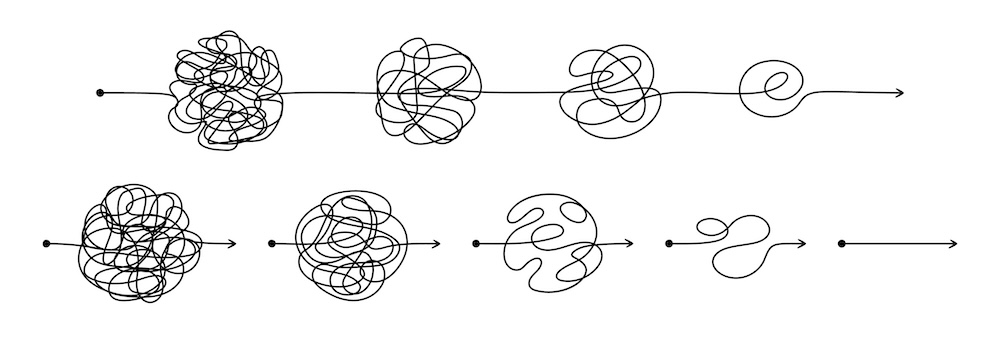 A series of knots moving to a straight line.