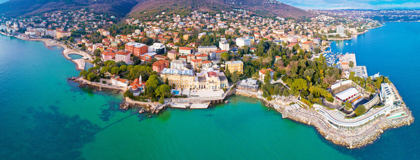 Town of Opatija and Lungomare sea walkway aerial panoramic view, Kvarner bay of Croatia