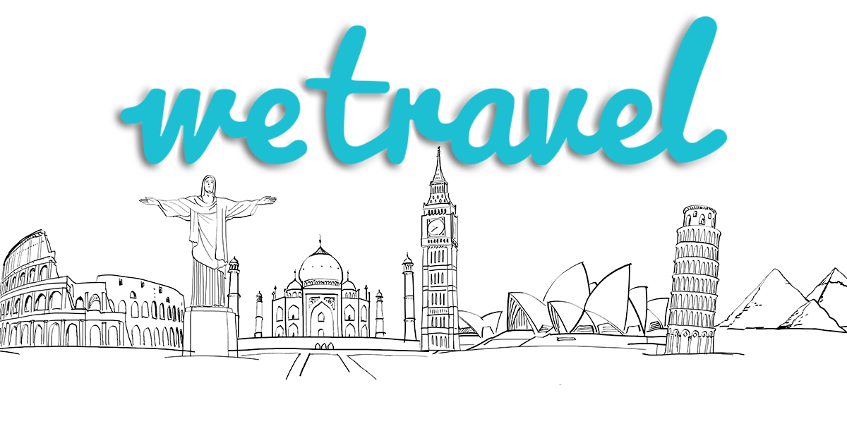 WeTravel logo over stencils of famous travel locations. 