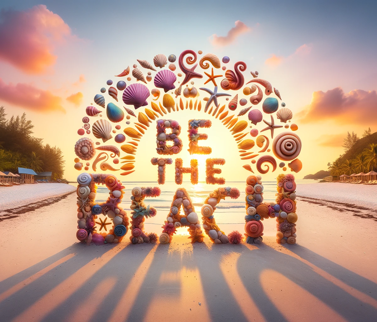 -beach-scene-at-sunset-with-the-words-22Be-the-Beach22-formed-in-the-air.-The-words-are-created-by-swirling-sea-shells-starfish-and-sea-horses-