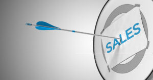 One arrow hitting the center of a modern dart, target concept to illustrate successful sales prospection or strategy. 3D render.