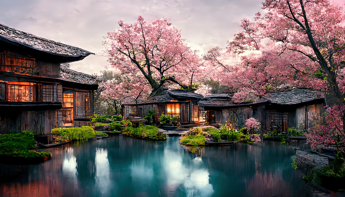 Japanese garden with cherry blossom, sakura, with water lake and Japanese houses