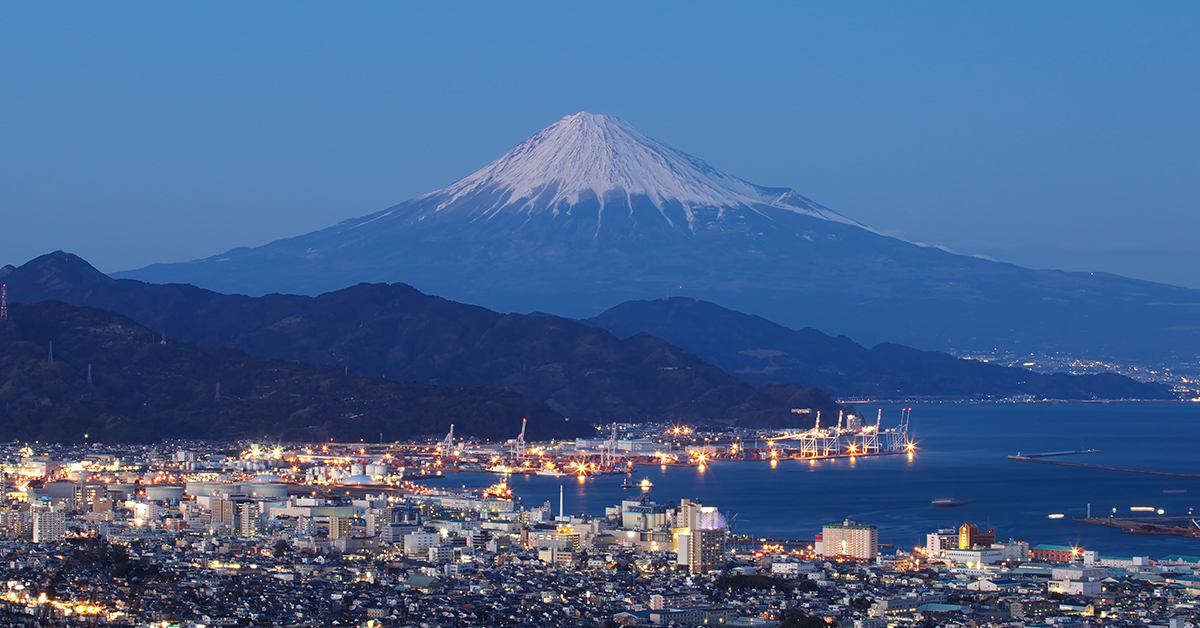 Mountain Fuji and cityscape at Shizuoka prefecture in twilight