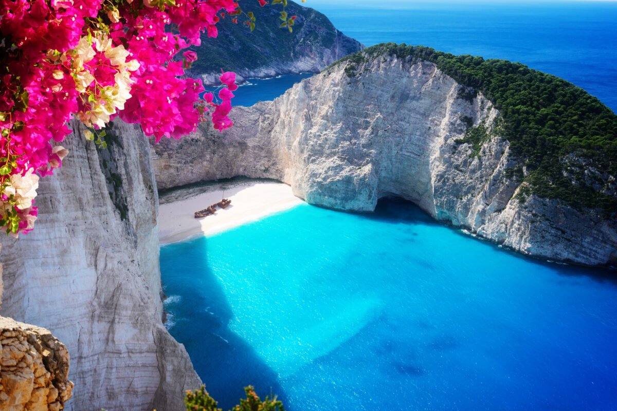 Navagio beach, famous overhead lanscape of Zakinthos island with flowers, Greece