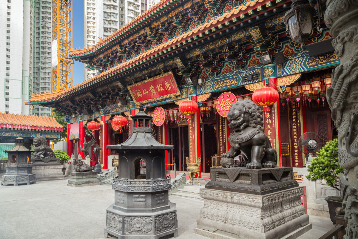 Exterior of the ornate Sik Sik Yuen Wong Tai Sin Temple in Hong Kong, China.