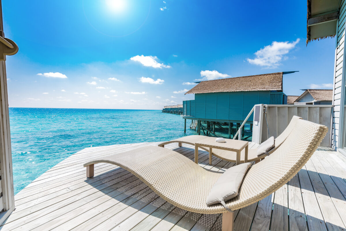 Beautiful Luxury terrace of water villa in Maldives with turquoise sea,Vacation in summer for relax in holidays