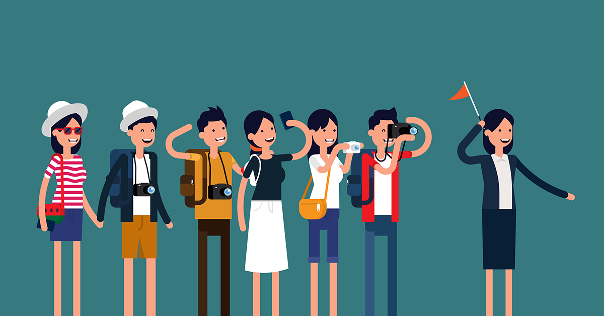 Guide tour and group of tourists. Vector people travel concept