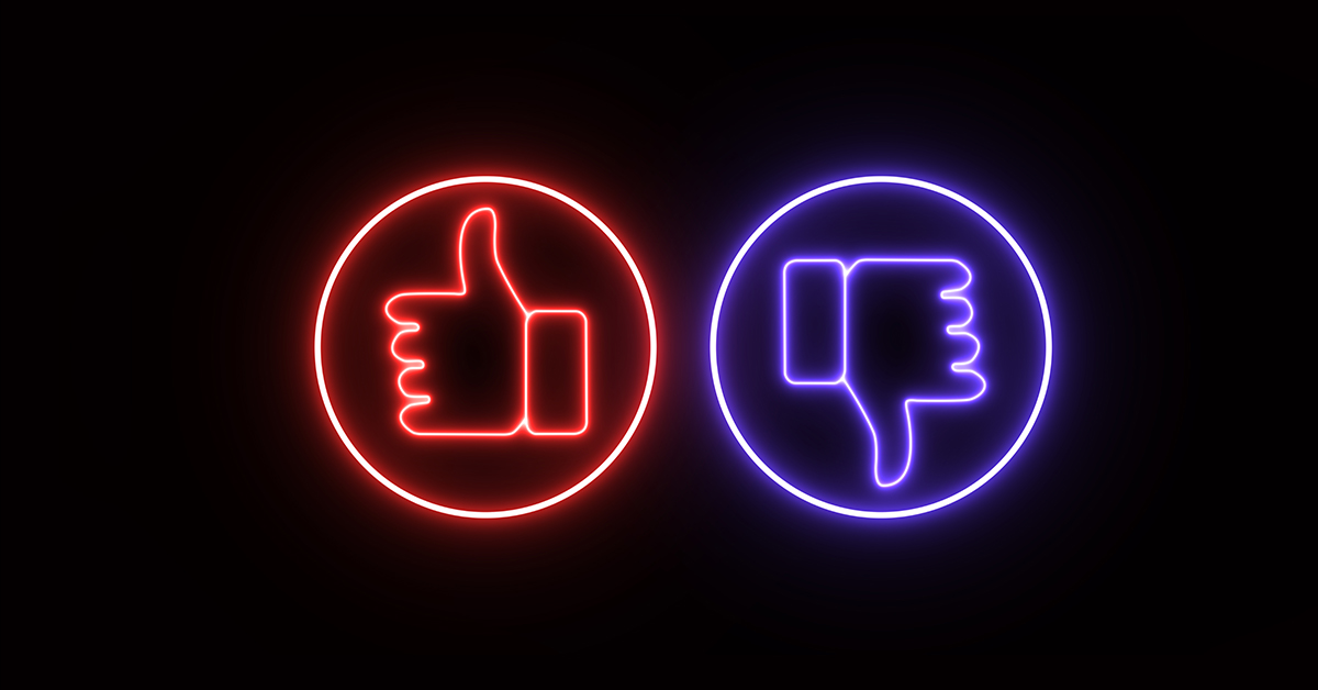 neon Do and don't symbols. Thumbs up and thumbs down are circle symbols. Set of like and dislike icons.