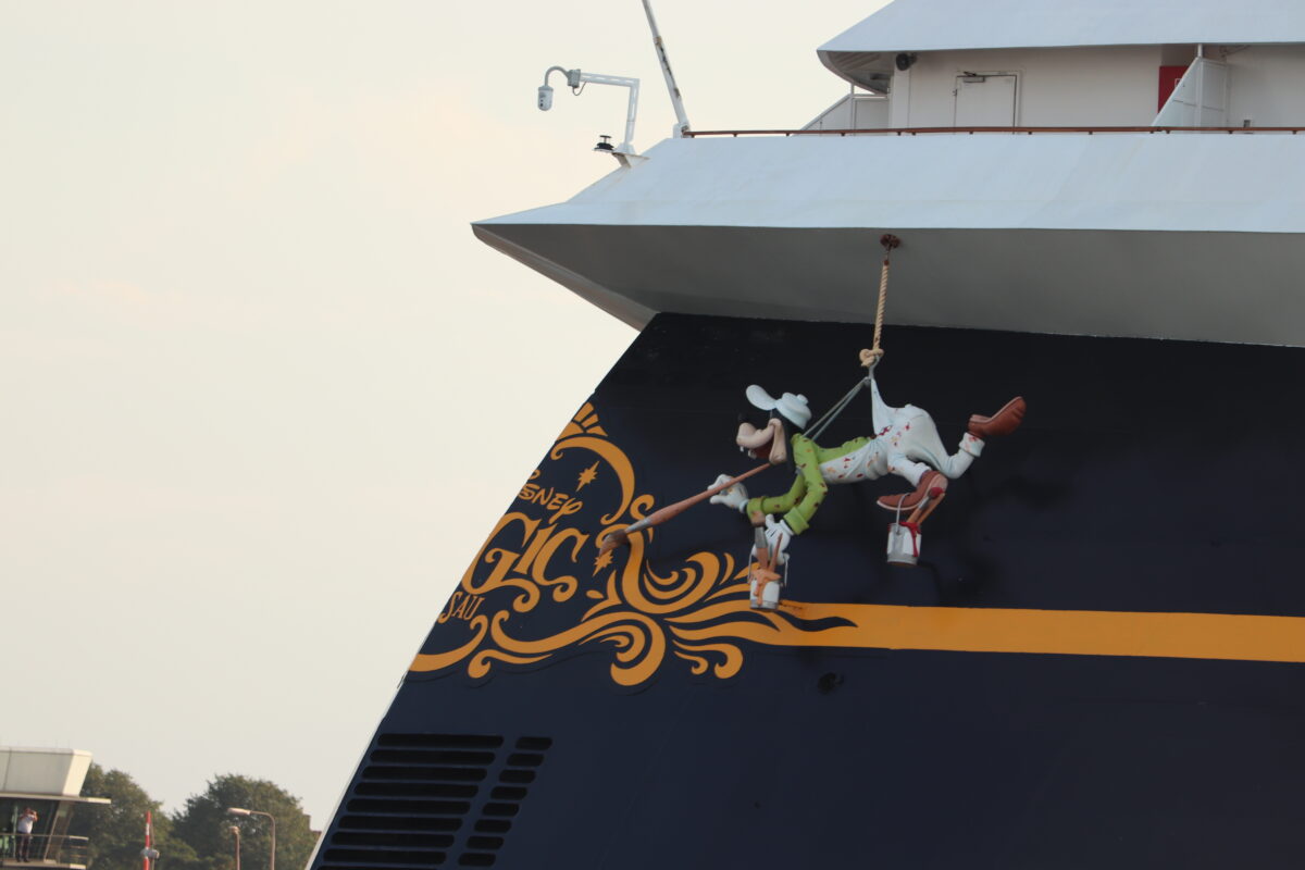 IJmuiden, the Netherlands - July 30th 2018: Disney Magic leaving North Sea lock, IJmuiden. Detail of stern with painting Goofy