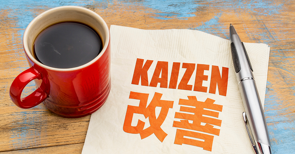 Kaizen - Japanese continuous improvement concept - word abstract on a napkin with a cup of coffee