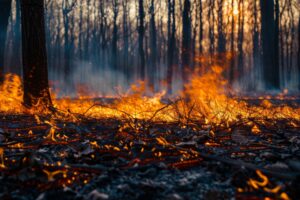 A forest fire is burning in the woods. The fire is very large and is spreading quickly. The sky is orange and the sun is setting. The fire is very hot and is causing a lot of smoke