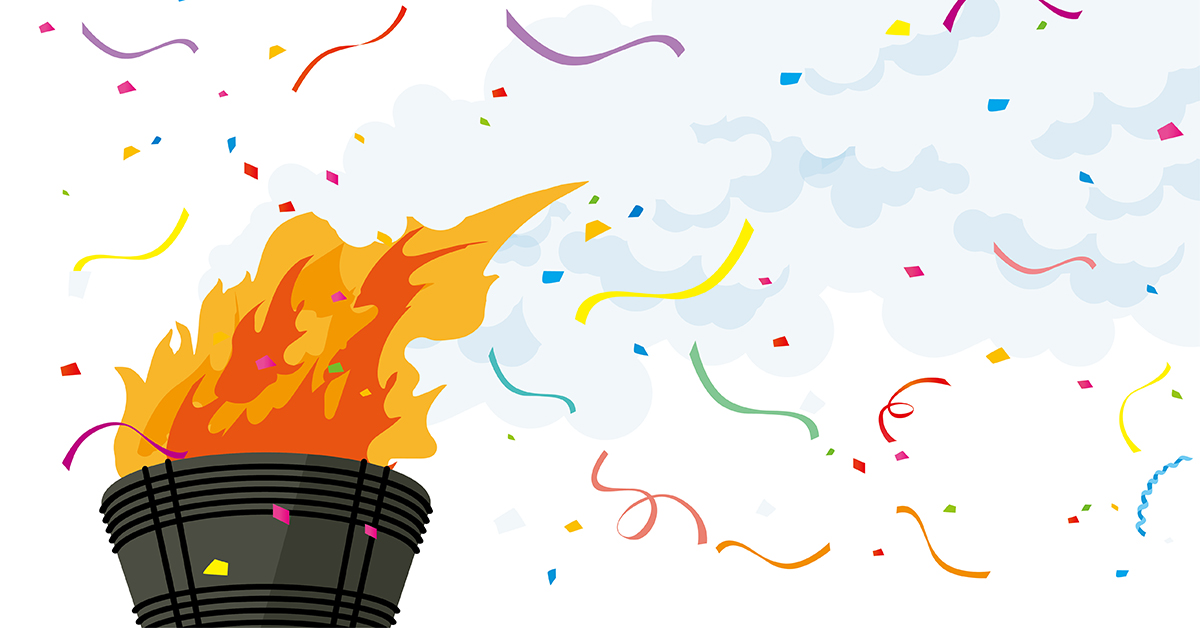 Illustration of Olympic torch, with confetti in background