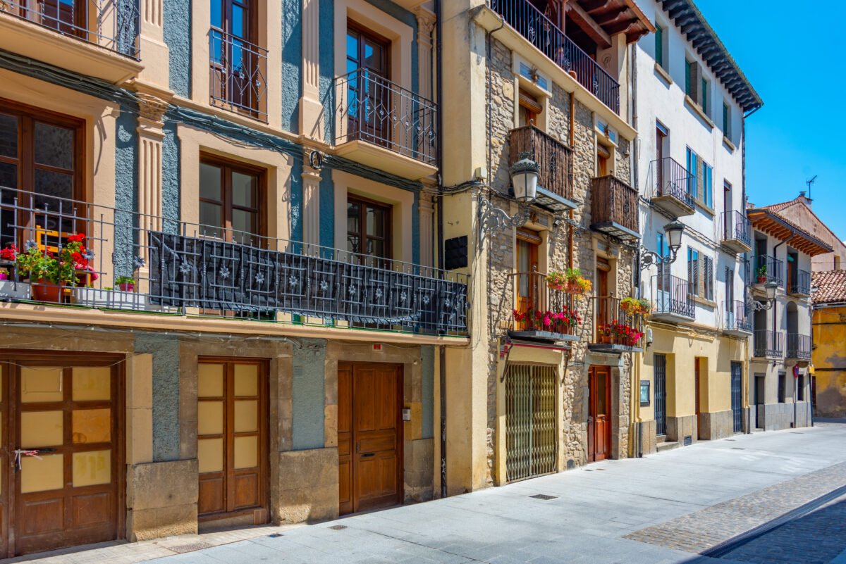 Colorful facades of houses in Spanish town Jaca