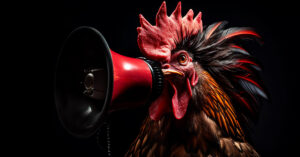 Portrait of a rooster with a megaphone. AI generated.