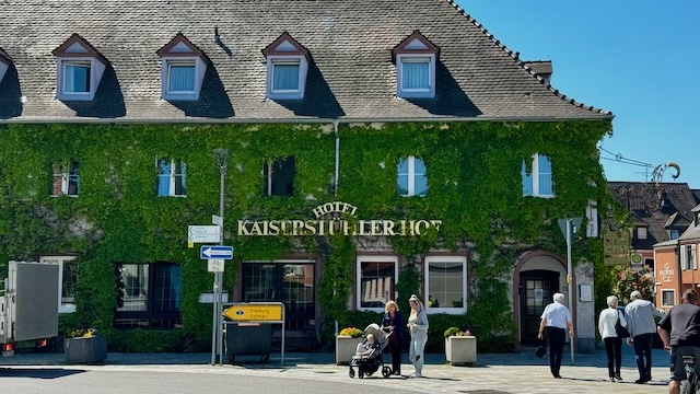 Hotel front covered in carefully tended vine plants