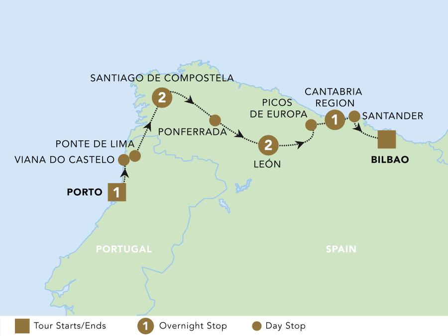 Tour route map for northwest Spain.