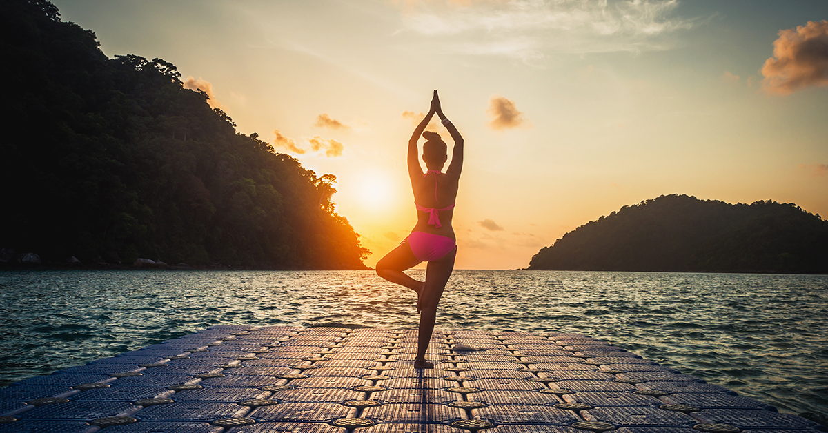 Silhouette wellness woman in bikini practice yoga on sea beach at sunset time Surin island, Active healthy girl joy travel Phuket Thailand fun beach summer holiday vacation trip, Scenery place Asia