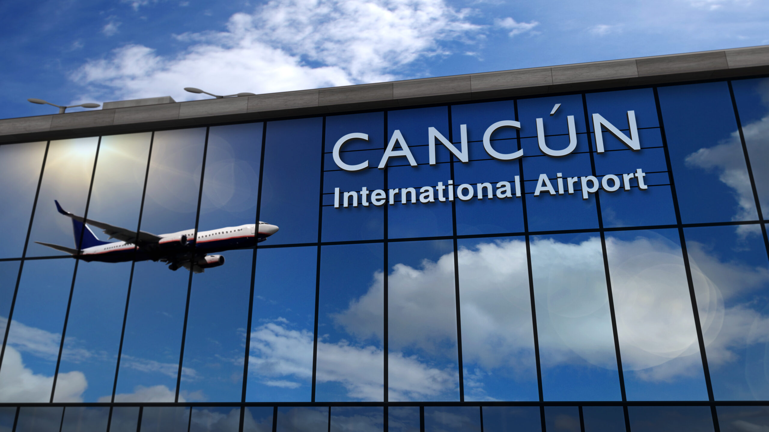 Jet aircraft landing at Cancún, Mexico 3D rendering illustration. Arrival in the city with the glass airport terminal and reflection of the plane. Travel, business, tourism and transport concept.