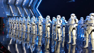 Orlando, FL USA- February 4, 2020: Storm Troopers at the Rise of the Resistance Star Wars ride in Hollywood Studios Walt Disney World in Orlando, Florida.