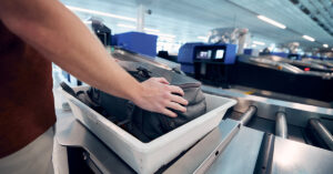 Airport security check. Young man waiting for x-ray control his bag.