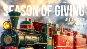 Christmas train with text: 'Season of Giving. All aboard!'