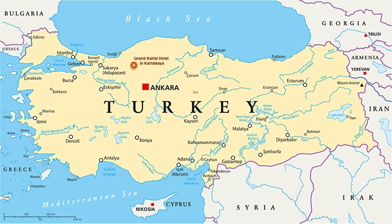 Turkey Political Map with capital Ankara, national borders, most important cities, rivers and lakes. English labeling and scaling. Illustration.